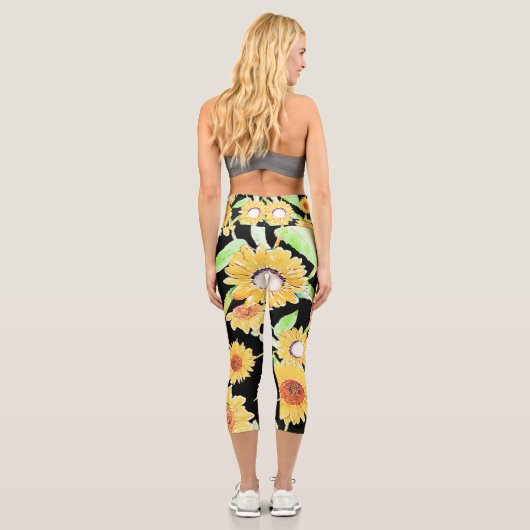 黄かわいらしと黒のひまわり水絵を描色 カプリレギンス (裏面)