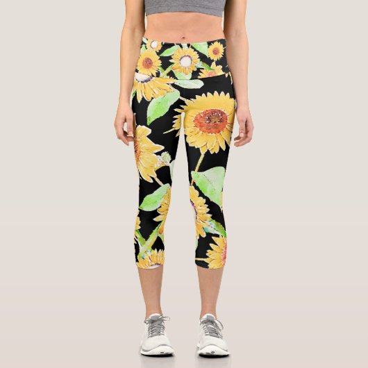 黄かわいらしと黒のひまわり水絵を描色 カプリレギンス (正面)