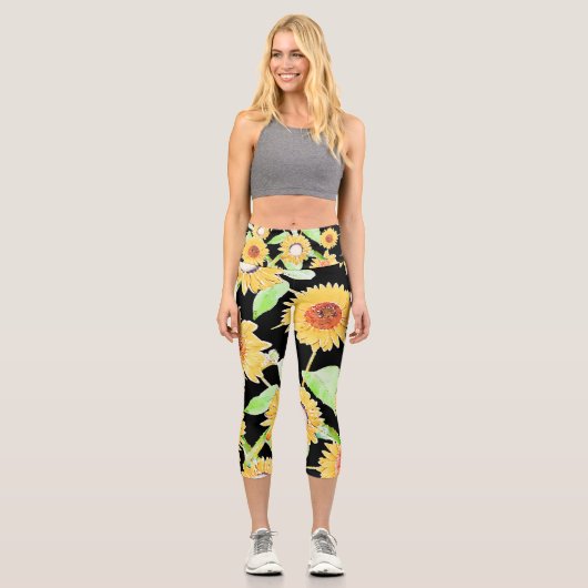 黄かわいらしと黒のひまわり水絵を描色 カプリレギンス (正面)