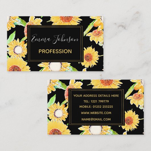 黄かわいらしと黒のひまわり水絵を描色 名刺 (正面/裏面)