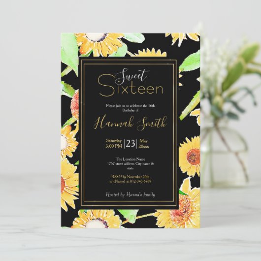 黄かわいらしと黒のひまわり水絵を描色 招待状 (スタンド正面)