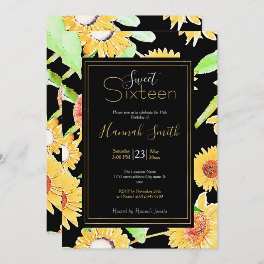 黄かわいらしと黒のひまわり水絵を描色 招待状 (正面/裏面)