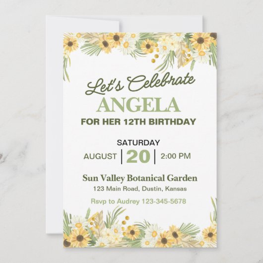 黄かわいらしデイジー誕生日パーティーの招待 招待状 (正面)