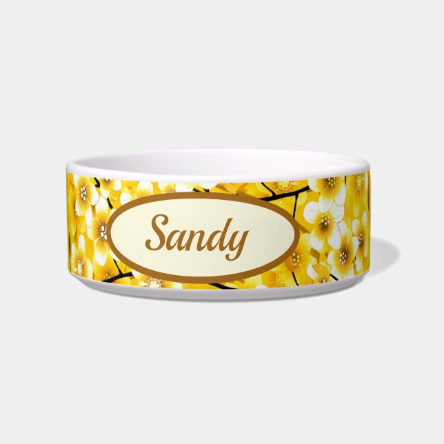 黄かわいらしフローラ植物柄ドッグキャット ボウル (正面)