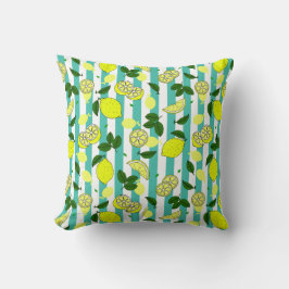 黄かわいらしレモンのティール(緑がかった色)ブルーのストライプパターン クッション