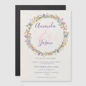 黄かわいらし紫ワイルドフラワーリース結婚ズ マグネット招待状 (正面/裏面)