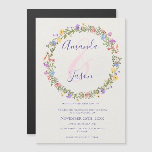 黄かわいらし紫ワイルドフラワーリース結婚ズ マグネット招待状 (正面/裏面)