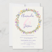 黄かわいらし紫ワイルドフラワーリース結婚ズ マグネット招待状 (正面)