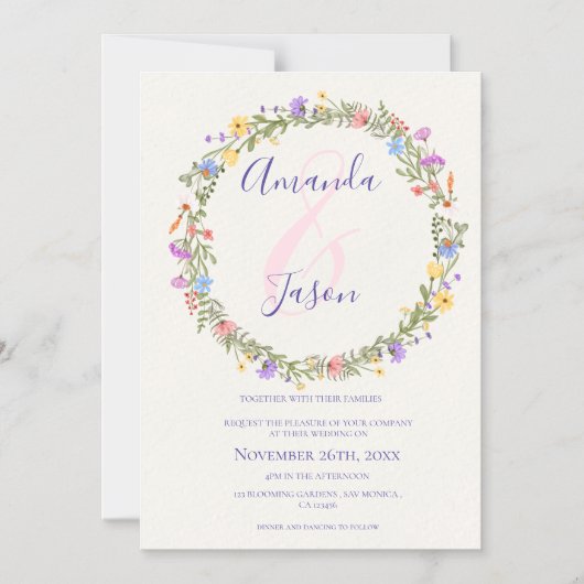 黄かわいらし紫ワイルドフラワーリース結婚ズ マグネット招待状 (正面)