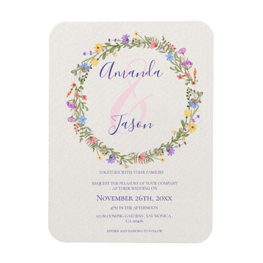 黄かわいらし紫ワイルドフラワーリース結婚ズ マグネット (縦)