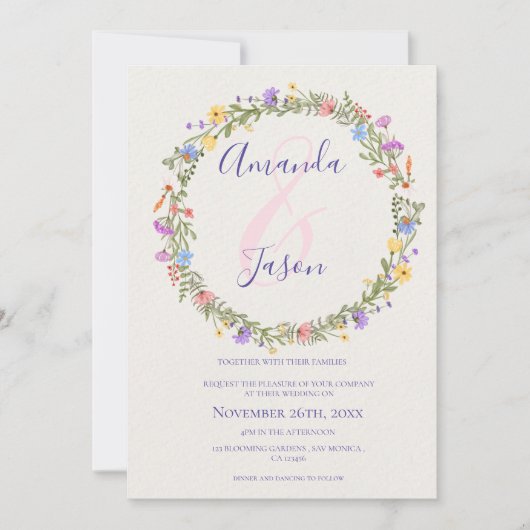 黄かわいらし紫ワイルドフラワーリース結婚ズ 招待状 (正面)