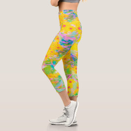 黄かわいらし色と赤の花とターコイズ カプリレギンス