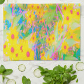 黄かわいらし色と赤の花とターコイズ キッチンタオル (折り畳み)