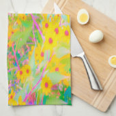黄かわいらし色と赤の花とターコイズ キッチンタオル (四つ折り)