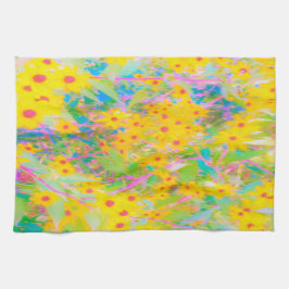 黄かわいらし色と赤の花とターコイズ キッチンタオル