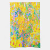 黄かわいらし色と赤の花とターコイズ キッチンタオル (縦)