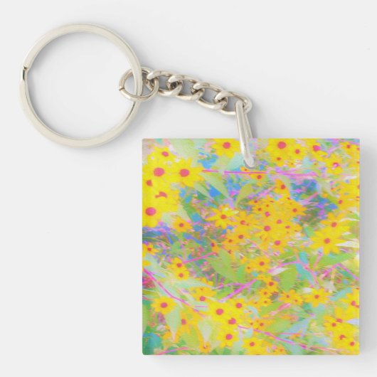 黄かわいらし色と赤の花とターコイズ キーホルダー (正面)