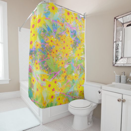 黄かわいらし色と赤の花とターコイズ シャワーカーテン (インサイチュ)