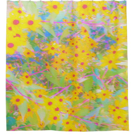 黄かわいらし色と赤の花とターコイズ シャワーカーテン (正面)