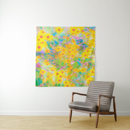 黄かわいらし色と赤の花とターコイズ タペストリー