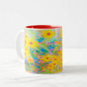 黄かわいらし色と赤の花とターコイズ ツートーンマグカップ (正面左)