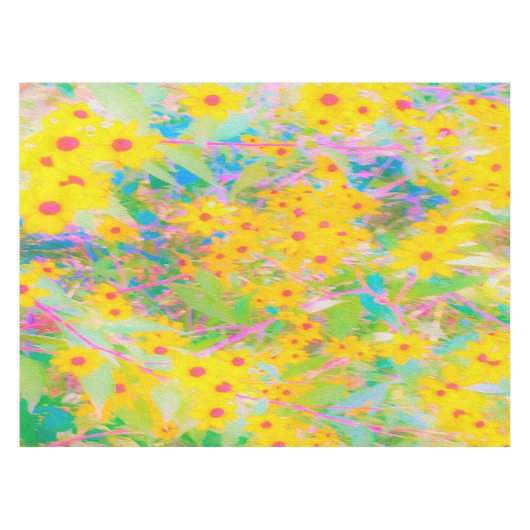 黄かわいらし色と赤の花とターコイズ テーブルクロス (正面(横))