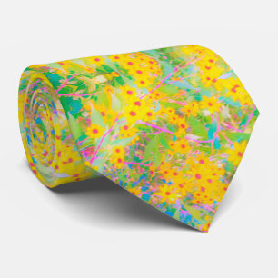 黄かわいらし色と赤の花とターコイズ ネクタイ