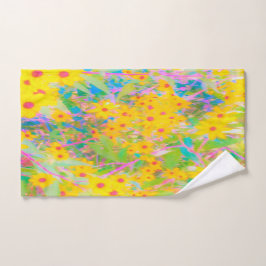 黄かわいらし色と赤の花とターコイズ ハンドタオル