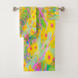 黄かわいらし色と赤の花とターコイズ バスタオルセット