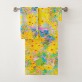 黄かわいらし色と赤の花とターコイズ バスタオルセット
