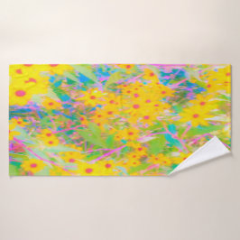 黄かわいらし色と赤の花とターコイズ バスタオル