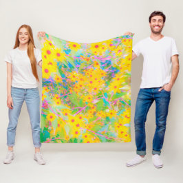 黄かわいらし色と赤の花とターコイズ フリースブランケット