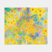 黄かわいらし色と赤の花とターコイズ フリースブランケット (正面(横))