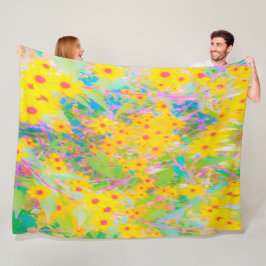 黄かわいらし色と赤の花とターコイズ フリースブランケット