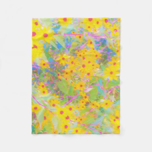 黄かわいらし色と赤の花とターコイズ フリースブランケット (正面)