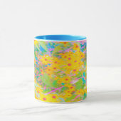 黄かわいらし色と赤の花とターコイズ マグカップ (中央)