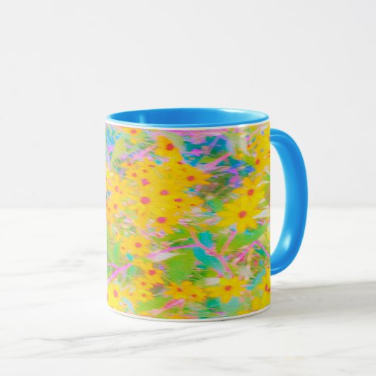 黄かわいらし色と赤の花とターコイズ マグカップ (正面右)