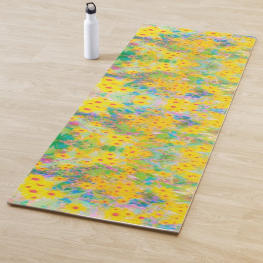 黄かわいらし色と赤の花とターコイズ ヨガマット (インサイチュ)