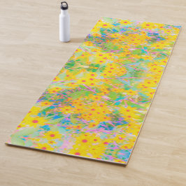 黄かわいらし色と赤の花とターコイズ ヨガマット