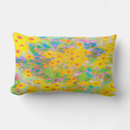 黄かわいらし色と赤の花とターコイズ ランバークッション