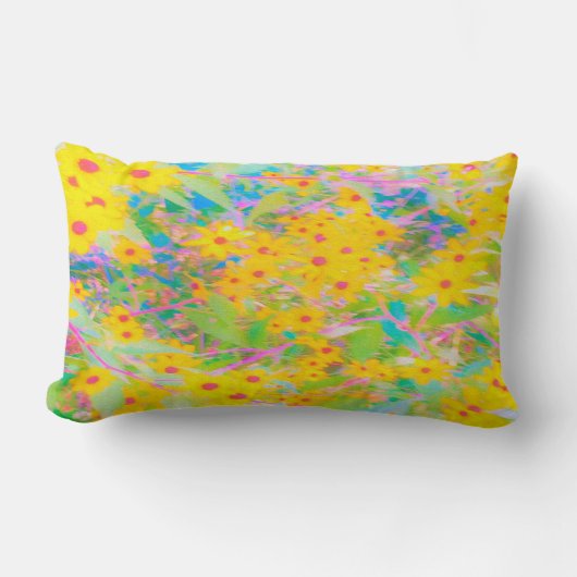 黄かわいらし色と赤の花とターコイズ ランバークッション (正面)