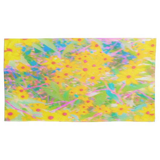 黄かわいらし色と赤の花とターコイズ 枕カバー (正面左)