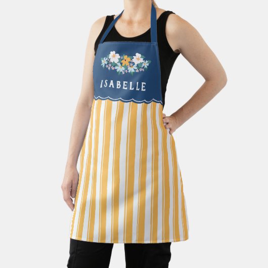 黄かわいらし色のストライプ青い黄色の花 エプロン (インサイチュ)