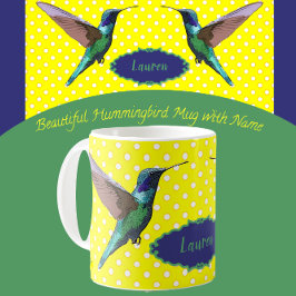 黄かわいらし色の水玉模様を持つハミングバード コーヒーマグカップ