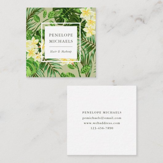 黄かわいらし色の花と緑のヤシ スクエア名刺 (正面/裏面)