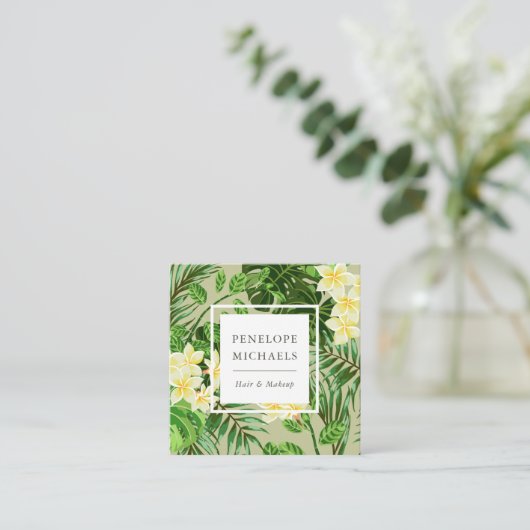 黄かわいらし色の花と緑のヤシ スクエア名刺 (スタンド正面)