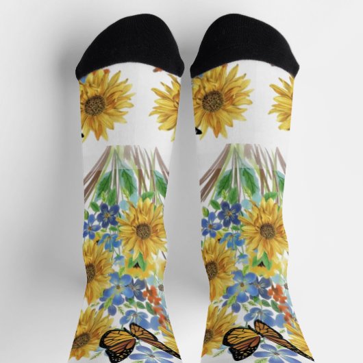 黄かわいらし色の青い花と蝶 ソックス (上部)