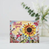 黄かわいらし色ひまわりとピンク色の花ありがとう ポストカード (スタンド正面)
