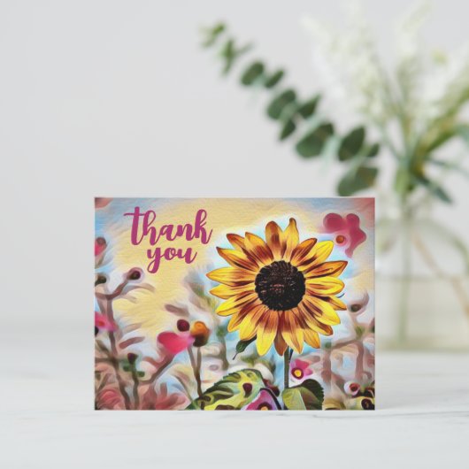 黄かわいらし色ひまわりとピンク色の花ありがとう ポストカード (スタンド正面)