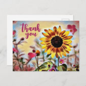 黄かわいらし色ひまわりとピンク色の花ありがとう ポストカード (正面/裏面)